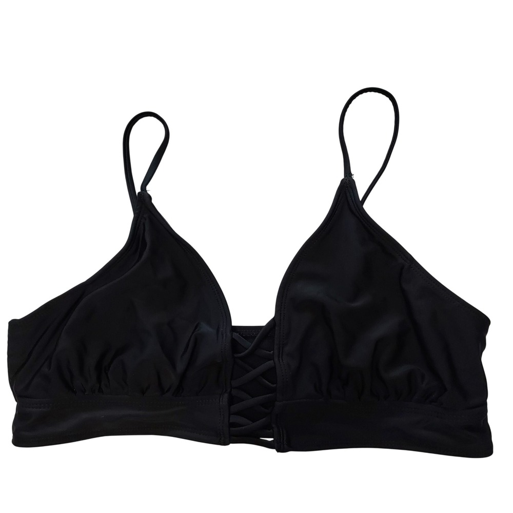 Black Lace Up Front Bikini Top Juniors XL 15-17 Adjustable Straps Beach
